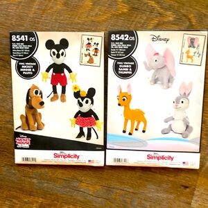 Disney character Simplicity patterns 8541 and 8542, uncut. Mickey, Minnie, more.